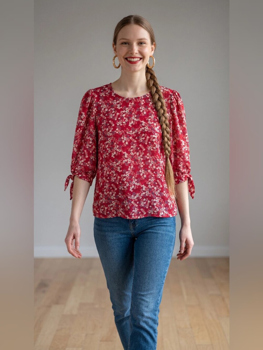 CECE Women’s Red Floral Blouse - Lightweight Puff Sleeve Top SIZE XL